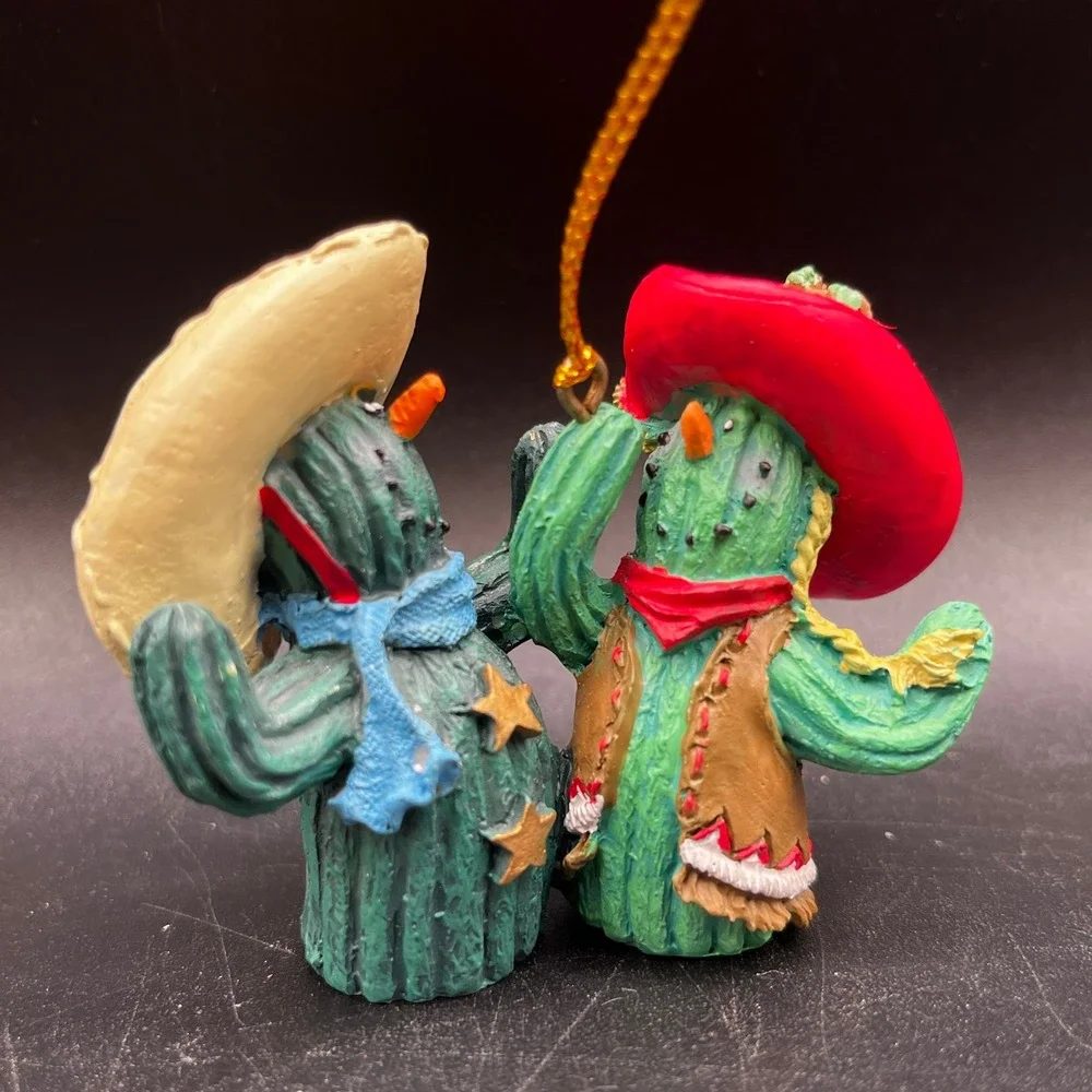 Western Cowboy Snowman Lasso Cactus Couple Resin Christmas Ornaments Set 2